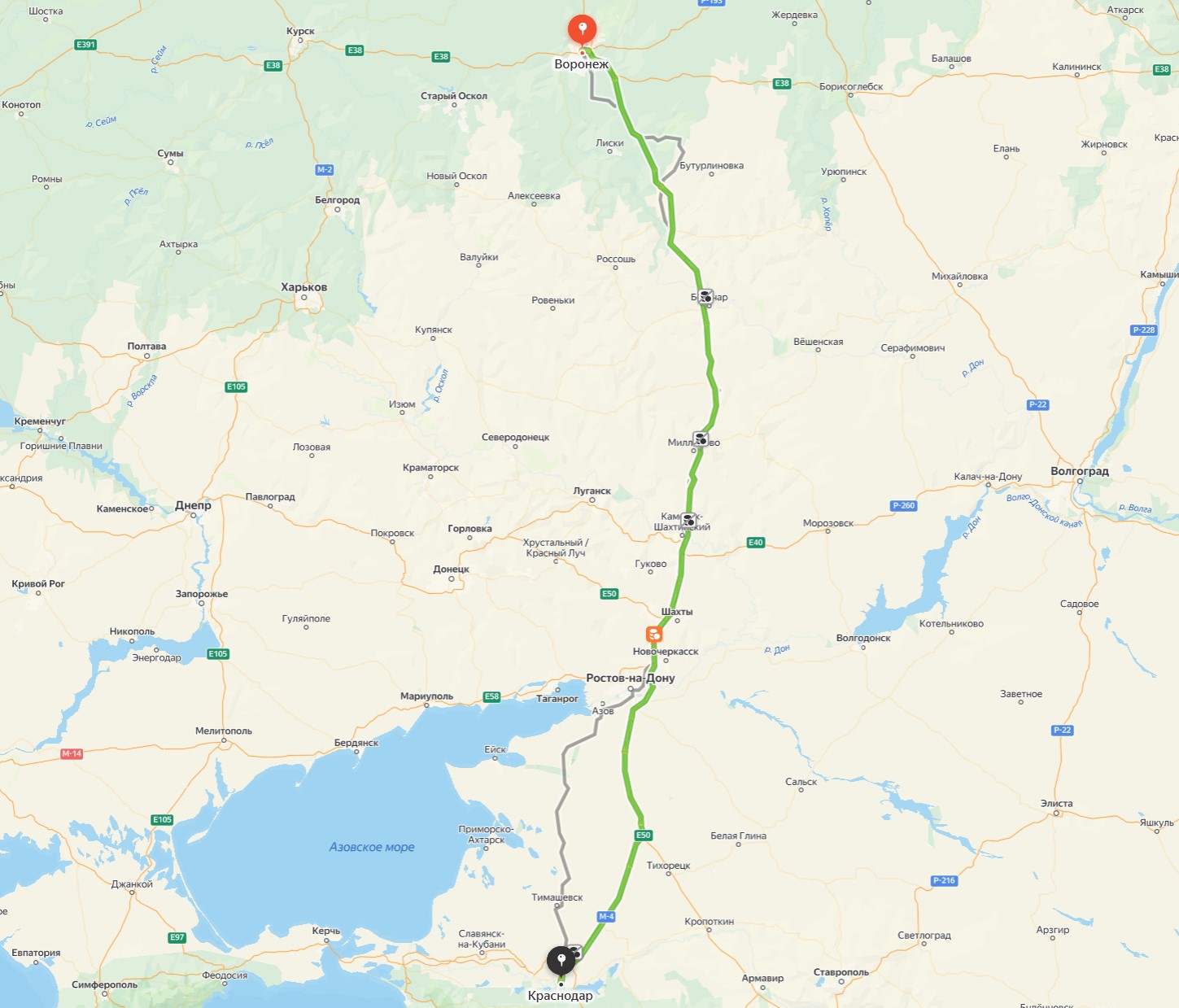 Маршрут перевозки груза из Воронежа в Краснодар